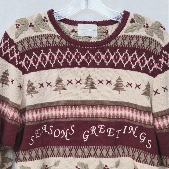 Pretty Christmas Sweater Tan Burgundy SEASONS GREETINGS Vintage 90s - Picture 3 of 7